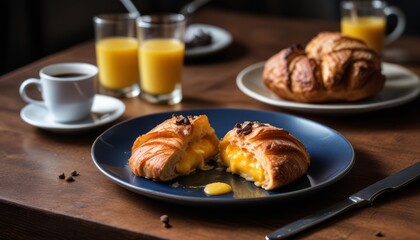 A plate of food with a pastry on it and a knife next to it