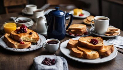 A table with a variety of breakfast foods and drinks, including toast, coffee