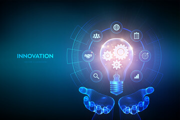 Innovation. Business innovative idea and solution concept. Creative Idea, inspiration. Brainstorming. Creativity. Light bulb with gears cogs inside in hands. Creative Thinking. Vector illustration.