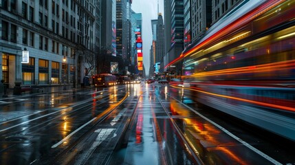 Obraz premium A bustling city street in the evening with vibrant lights and moving vehicles captured on a rainy day, reflecting the lively urban scenery and dynamic atmosphere