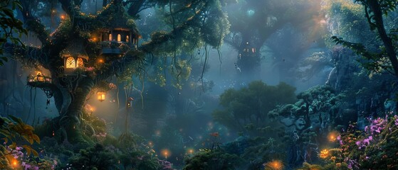 Enchanting nighttime forest with illuminated treehouses, magical atmosphere, glowing lights, dense foliage, mystical and serene environment.