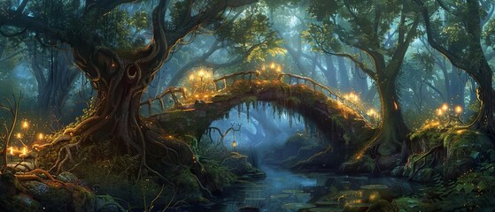 Magical forest scene with glowing lights on an ancient wooden bridge over a serene stream, surrounded by lush, mystical greenery.