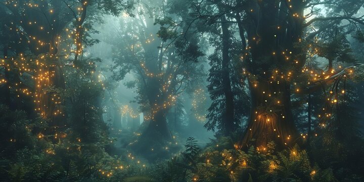 Magical forest with enchanted glowing lights in a misty, mysterious atmosphere, perfect for fantasy themes and nature scenes.