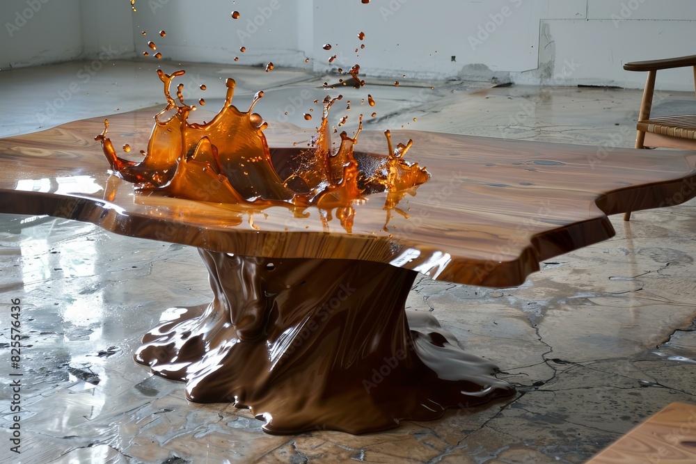 Aufkleber highspeed capture of vibrant chocolate splash on a wooden table, creating a dynamic and artistic sce