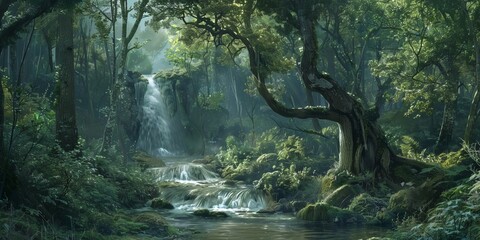 Serene forest landscape with a waterfall cascading into a tranquil stream, surrounded by lush greenery and dappled sunlight.