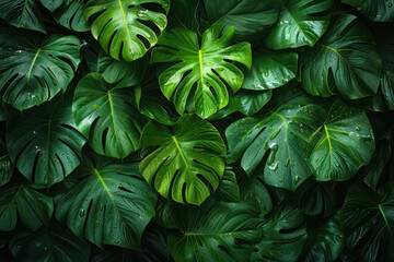 lush green tropical leaves with water droplets close-up view