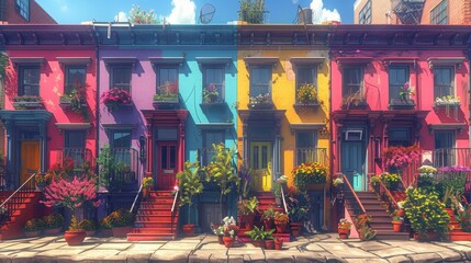 a row of colorful buildings with potted plants on the front