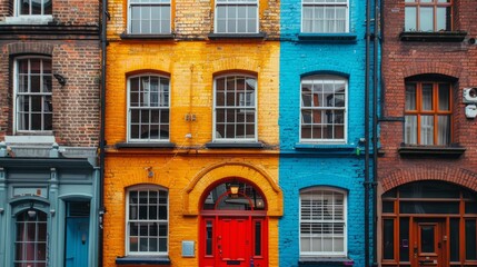 a row of colorful buildings with a red door