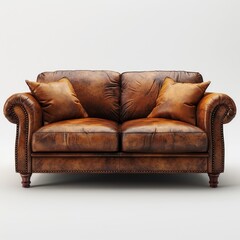 a brown leather couch with pillows on it