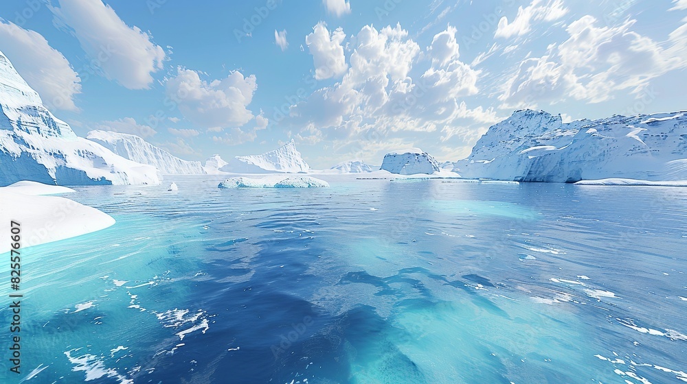 Poster a large body of water with towering icebergs in the background, reflecting light in the cold arctic 