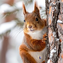 a squirrel is looking up from a tree in the snow