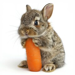 a small rabbit holding a carrot in its mouth