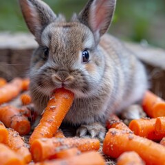 a small rabbit eating a carrot in a basket