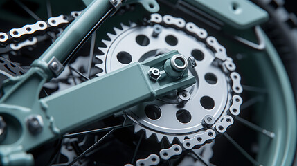 closeup product photo of the gear chain of a teal colored e-bike