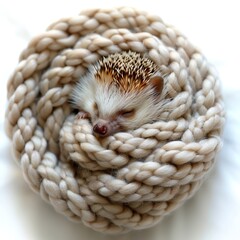 a small hedge curled up in a knitted ball