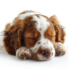 a puppy sleeping on a white surface