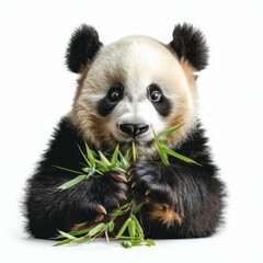 a panda bear eating bamboo leaves on a white background
