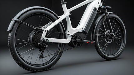 product showcase of an elegant black and white e-bike standing in an empty studio room with professional lighting