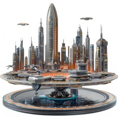 a futuristic city with a futuristic flying saucer and a futuristic spaceship