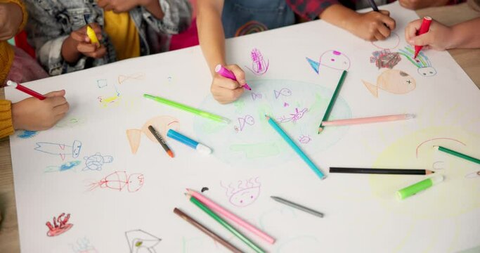 Children, friends and hands drawing for creative project or school academy for art class, learning or lesson. Pencils, colouring and paper or teamwork with childhood development, classroom or craft