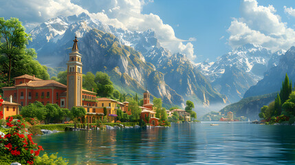 Naklejka premium A Scenic View of a Town Nestled on a Lake, Surrounded by Majestic Mountains