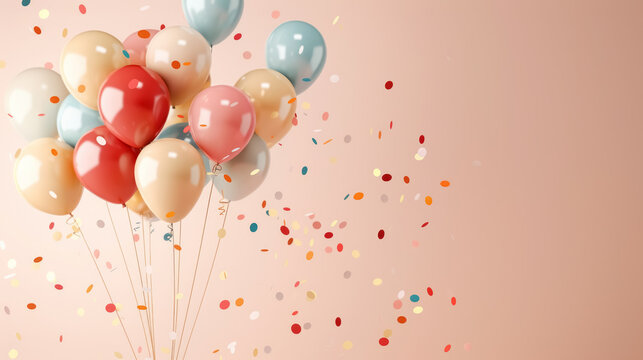 Fototapeta birthday celebration with colorful balloons and confetti on pastel background