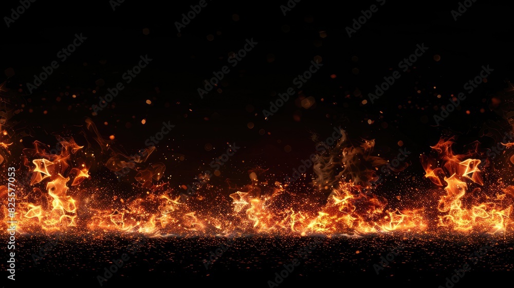 Poster a black background with a row of fire on it. the fire is very large and is in the foreground
