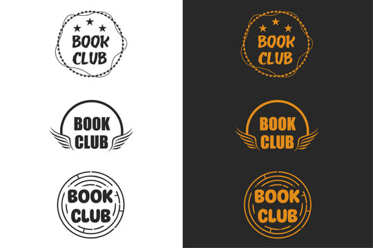 Book club lettering round badge poster design set. Aesthetic cute romance reader. Vector printable text logo for fantasy reading squad shirt design