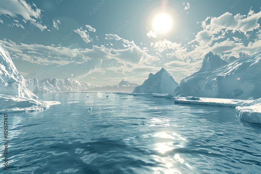 Poster snow-covered mountains encircle a vast body of water, creating a striking contrast between the icy p