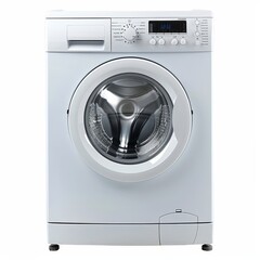 a white washing machine with a digital clock on the front