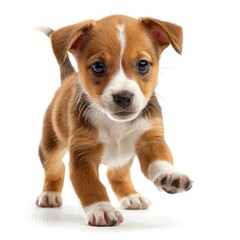 a small brown and white puppy running on a white surface