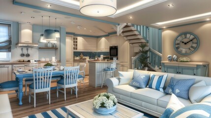 Living Room With A Coastal Theme, Blue And White Color Scheme, Room Background Photos