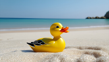 yellow rubber duck,beach, sea