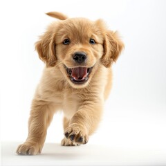 a puppy running towards the camera with its mouth open
