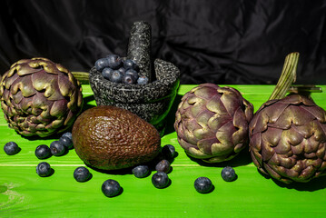 Seasonal vegetables with avocado and blueberries.