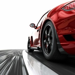 a red sports car driving on a road with a white background
