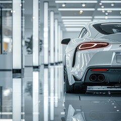 a white sports car parked in a showroom