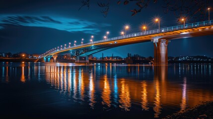 Fototapeta premium A beautifully lit bridge at night, with its lights reflecting on the water below