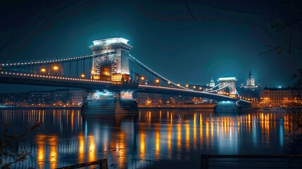A beautifully lit bridge at night, with its lights reflecting on the water below