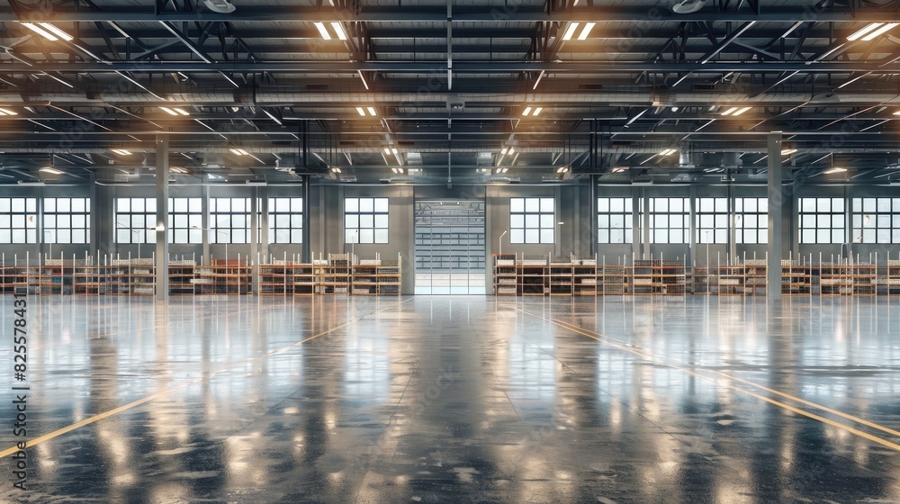 Poster a large empty warehouse with a lot of windows. the windows are all open, letting in a lot of light. 
