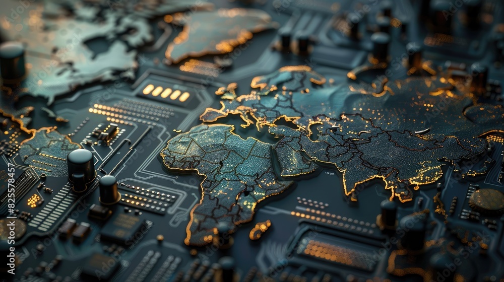 Poster a computer chip with a map of the world on it. the map is made of metal and has a metallic texture
