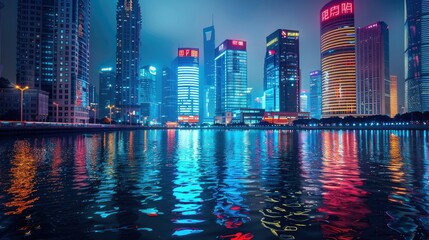 A bustling city at night, with skyscrapers and lights reflecting on the surface of a nearby river