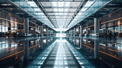 Obraz premium Aerial view of a busy airport terminal with planes parked at gates, resembling a kaleidoscope pattern, showcasing modern aviation infrastructure.