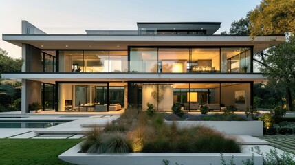 Obraz premium A modern, sleek house with large glass windows and minimalist landscaping, bathed in natural light