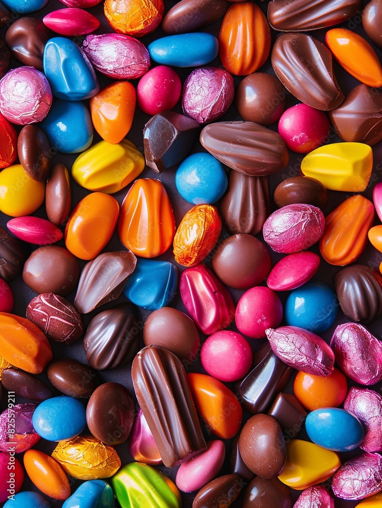 Poster vibrant close-up of assorted colorful chocolate candies piled together with shiny wrappers, high det
