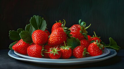 A plate of perfectly ripe strawberries, with a few leaves for garnish, set against a dark background