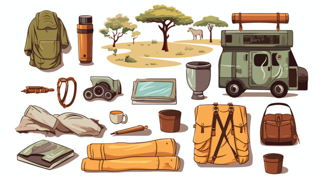 Items for travel or trip in the african wild savann