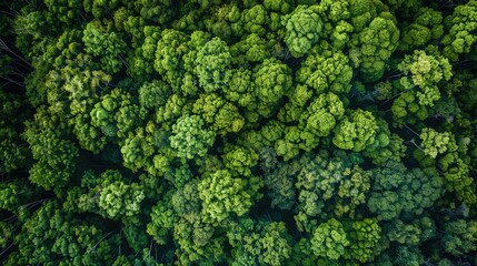 Aerial view of untouched, lush green forest canopy, stretching to the horizon in a tranquil landscape