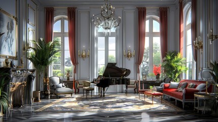 Fototapeta premium Living Room With A Grand Piano And Elegant Decor, Room Background Photos