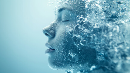 A womans face is peacefully covered in a flowing cascade of water, creating a serene and surreal visual experience